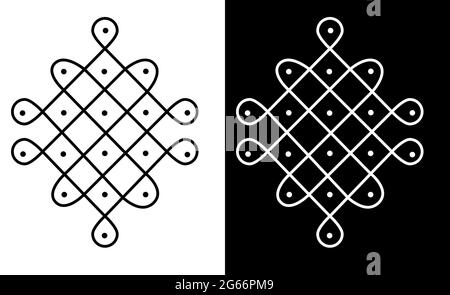 Indisches traditionelles und kulturelles Rangoli- oder Kolam-Designkonzept aus gebogenen Linien und Punkten isoliert auf schwarzem und weißem Hintergrund Stock Vektor