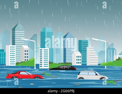 Vektor-Illustration von Hochwasser Naturkatastrophe in Cartoon moderne Stadt mit Wolkenkratzern und Autos im Wasser. Sturm in der Stadt, Landschaft Hintergrund für Stock Vektor