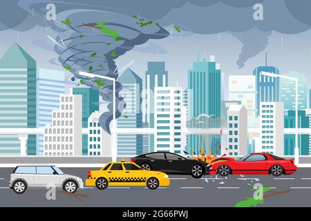 Vektor-Illustration von wirbelnden Tornado und Flut, Gewitter in der großen modernen Stadt mit Wolkenkratzern. Hurrikan in der Stadt, Autounfall, Gefahrenkonzept in Stock Vektor