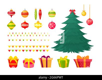 Vektor-Illustration von Weihnachtsbaum mit verschiedenen Dekorationen und Geschenke isoliert auf weißem Hintergrund. Winterurlaub Konzept mit Bällen, Lichtern Stock Vektor