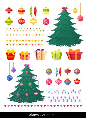 Vektor-Illustration Set von Weihnachtsbaum mit Dekorationen und Geschenkboxen. Winterdekor - Spielzeug, Girlanden, Kugeln, Weihnachtsbäume isoliert auf Weiß Stock Vektor