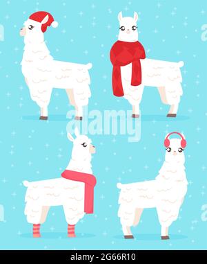 Vektor-Illustration von Winter-Stil Lama. Alpaca in Winterkleidung auf blauem Hintergrund. Weihnachtskarte Konzept mit Lama in Hut und Schal Stock Vektor