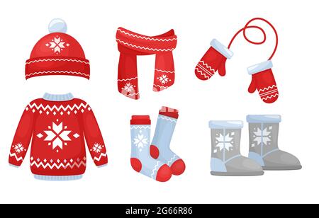 Vektor-Illustration der Winterkleidung Kollektion in hellen Farben. Strickmütze und Schal, Socken, Handhandschuhe, Pullover im Weihnachtsstil isoliert Stock Vektor