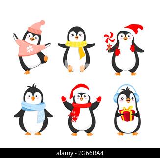 Vektor-Illustration Set von lustigen Weihnachts-Pinguine in warmen Kleidern. Niedliche Pinguine Kollektion für Winterferien Grußkarten Design in Cartoon Stock Vektor