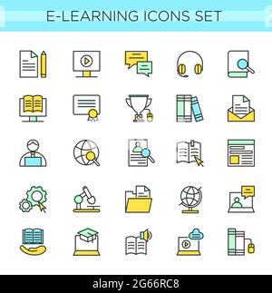 Vektorgrafik Satz von E-Learning-Symbolen, Online-Bildung. Symbole in minimalem, dünnem Linienstil mit blauen, gelben und grünen Farben, Web-Icon-Kollektion Stock Vektor