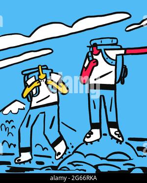 Wandern Zeichnung Cartoon Skizze schwarze Linie mit blau und Farbe. Witzige und humorvolle Illustration. Zwei Leute klettern und schlagen Richtung mit Landschaft A vor Stockfoto