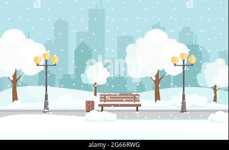 Vektor-Illustration von Winter Stadtpark mit Schnee und große moderne Stadt Hintergrund. Bank im Winter Stadtpark, Winterurlaub Konzept in flacher Karikatur Stock Vektor