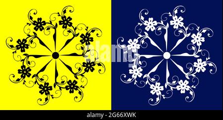 Indische traditionelle und kulturelle Rangoli Mandala Design Konzept der floralen Linie Kunst isoliert auf gelb und blau Hintergrund Stock Vektor