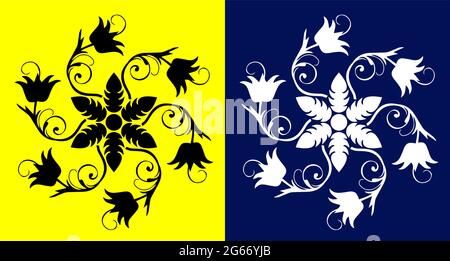 Indische traditionelle und kulturelle Rangoli Mandala Design Konzept der floralen Linie Kunst isoliert auf gelb und blau Hintergrund Stock Vektor