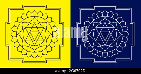 Indische traditionelle und kulturelle Rangoli Mandala Design Konzept der floralen Linie Kunst isoliert auf gelb und blau Hintergrund Stock Vektor