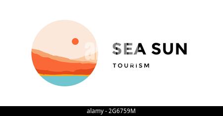 Logo, Logo, Zeichen. Meer Sonne, tourizm. Logo mit abstrakter Landschaft, Blick auf Berg, Himmel und Sonnenuntergang. Minimalistischer Landschaftsblick, Berg, Hügel und Sonne. Abstrakter Stil. Vektorgrafik Stock Vektor