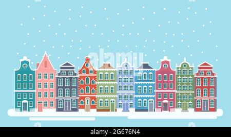 Vektor-Illustration von niedlichen schneebedeckten stadt Stadtpanorama mit hellen Häusern. Winter Weihnachten Hintergrund, Amsterdam Häuser, Hintergrund für Stock Vektor