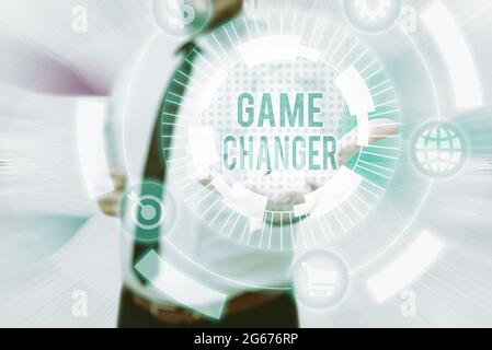 Konzeptionelle Darstellung Game Changer. Internet Konzept Sportdaten Scorekeeper Gamestreams Live Scores Team Admins Gentelman Uniform Standing Holding Neu Stockfoto