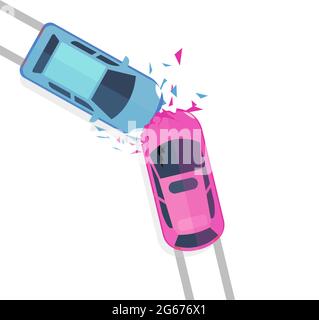 Vektor-Illustration Konzept des Autounfalls. Draufsicht auf zwei Autos Absturz isoliert auf weißem Hintergrund ib flachen Cartoon-Stil. Stock Vektor