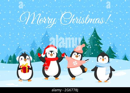 Vektor-Illustration von niedlichen Pinguinen in Weihnachtskleidung. Banner für Winterferien, frohe Weihnachtsgrüße. Fröhliche und lustige Pinguine im Winter Stock Vektor