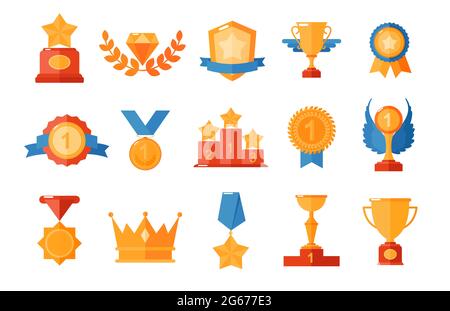 Vektor-Illustration Set von Auszeichnungen Symbole, goldene Tassen für Gewinner und Champions. Leuchtend goldene Belohnungskollektion in flachem Stil. Stock Vektor