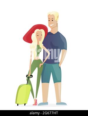 Vektor-Illustration des Reisenden jungen Paares mit Reisetasche. Lächelnde glückliche junge Frau und Mann auf weißem Hintergrund in flacher Cartoon-Stil. Stock Vektor