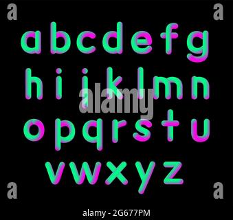 Vektor-Illustration der hellen Farbe rosa und grün weichen flexiblen Neon 3D-Schrift kleine Buchstaben. Alphabet isoliert auf weißem Hintergrund Matte Flüssigkeit Stock Vektor
