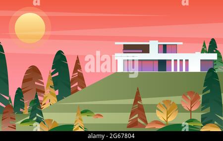 Vektor-Illustration von schönen modernen Cottage. Außenansicht des Hauses, Villa im Wald, Naturlandschaft mit Sonnenuntergang und Gebäude. Horizontales Banner in Stock Vektor