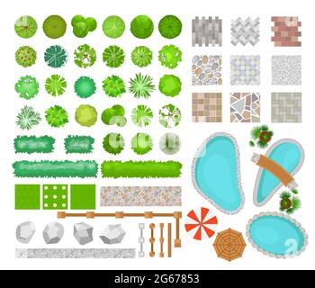 Vektor-Illustration Set von hellen bunten Parck Elemente für Landschaftsdesign. Draufsicht auf Bäume, Pflanzen, Gartenmöbel, architektonische Elemente Stock Vektor