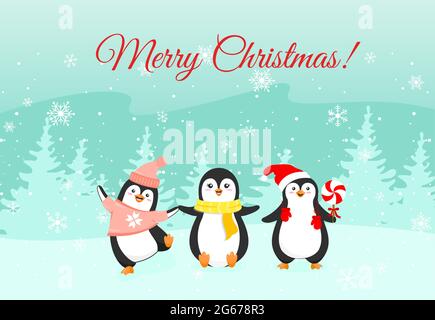 Vektor-Illustration Weihnachten lustige Pinguine auf Winter Schnee Hintergrund. Konzept der Winterurlaub Grußkarte mit niedlichen Cartoon Pinguine in der Wohnung Stock Vektor