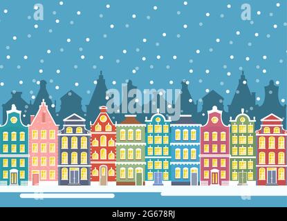 Vektor-Illustration von Winterhäusern in der Weihnachtszeit. Winterliche Stadtlandschaft. Amsterdam Häuser, Baner Wohnung Cartoon-Design. Stock Vektor