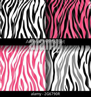 Vektor-Illustration Satz von afrikanischen Zebramustern in weißen, schwarzen und rosa Farben. Nahtlose Zebra-Kollektion mit Textur-Mustern. Stock Vektor