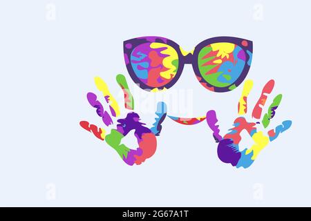 Illustration eines Mannes mit Handflächen und Brillen, die mit Holi-Festivalfarben verschmiert sind Stock Vektor