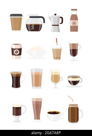 Vektor-Illustration Set von Kaffeegetränken. Verschiedene Kaffeetypen isoliert auf weißem Hintergrund in flachem Stil. Kaffeemaschine, Schokoladenmilchshake Stock Vektor