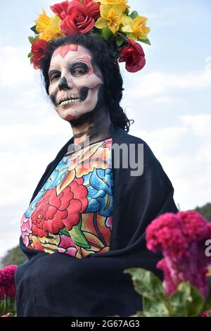 Eine Frau, die als Catrina gekleidet ist, eine berühmte Day of the Dead Figur, posiert in einem Feld von Day of the Dead Blumen. Stockfoto