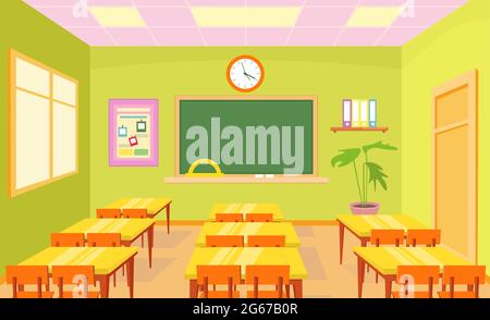 Vektor-Illustration von leeren Schulklasse Zimmer Interieur in hellen Pastellfarben mit Brett und Schreibtische für Kinder in Cartoon-Flat-Stil. Stock Vektor