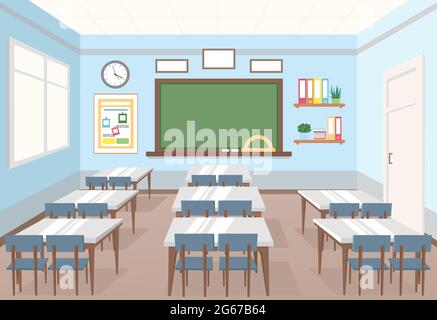 Vektor-Illustration des Klassenzimmers in der Schule. Leeres Interieur der Klasse mit Brett und Schreibtischen für Kinder im flachen Cartoon-Stil. Stock Vektor