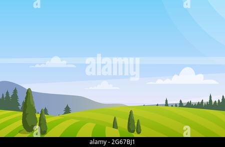 Vektor-Illustration der schönen ländlichen Landschaft mit Bäumen auf dem Feld, bunte Sommer Landschaft im flachen Stil. Stock Vektor