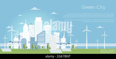 Vektordarstellung des Eco City Konzepts. Große moderne Skyline der Stadt in flachem Stil mit Platz für Text. Skyline der Stadt mit Gebäuden, Solarzellen, Wind Stock Vektor