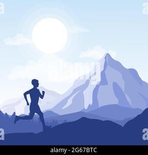 Vektor-Illustration des Laufmanns in der wilden Natur Berglandschaft in Silhouette. Stock Vektor