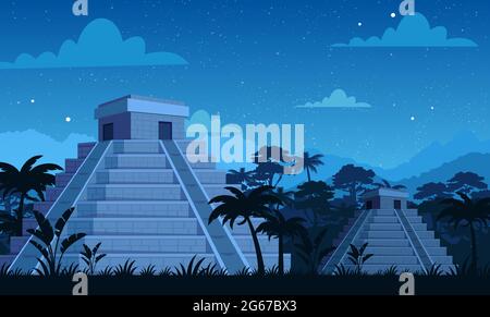 Vektor-Illustration der alten Maya-Pyramiden in der Nacht mit tropischen Pflanzen, Dschungel und Himmel Hintergrund in flachen Cartoon-Stil. Stock Vektor