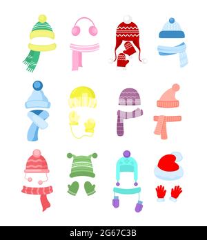 Vektor-Illustration Set von bunten Winter-oder Herbst-Hüte, Kopfbedeckung Kollektion. Strickmützen, -Tücher und -Handschuhe für Mädchen und Jungen isoliert auf Weiß Stock Vektor