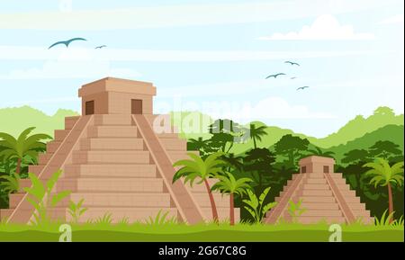Vektor-Illustration der alten Maya-Pyramiden im Dschungel am Tag in flachen Cartoon-Stil. Stock Vektor