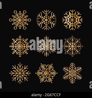 Vektor-Illustration Satz von goldenen Schneeflocken isoliert auf schwarzem Hintergrund. Weihnachten Schneeflocken Icons Kollektion für Ihr Design. Stock Vektor