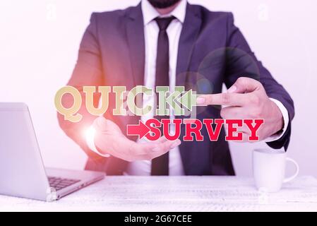 Textschild mit Quick Survey. Geschäftsübersicht Schnelle Überprüfung der Zustandswertsituation von etwas Remote Office Work Online-Präsentation durchführen Stockfoto