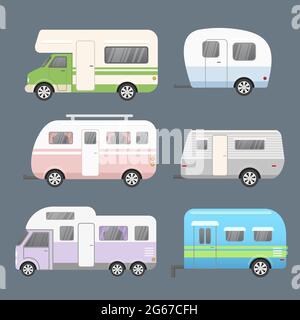 Vektor-Illustration Satz von verschiedenen Arten Camping Anhänger, Reise-Mobilheim. Anhänger für travel Collection isoliert auf grauem Hintergrund in Stock Vektor