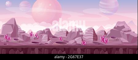 Vektor-Illustration von schönen fremden Landschaft in rosa Farben mit Kristallen und Bergen. Andere Planeten-Fantasy-Landschaft, Sci-Fi-Hintergrund für UI Stock Vektor
