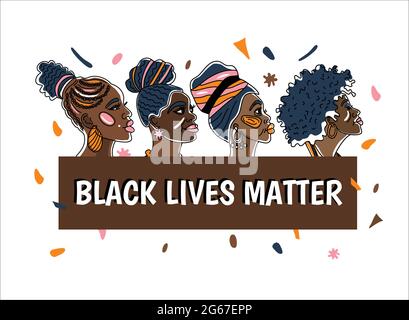 Schwarzes Livwe Matter Poster mit schönen afroamerikanischen Frauen. Linie Art Stil Minimalismus Stil Wir sind Frau Konzept Illustration. Stock Vektor