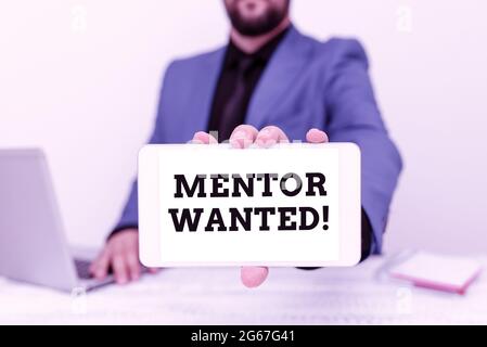 Textschild mit der Anzeige Mentor Wanted. Wort für jemanden zu finden, der sich zum Erfolg führen kann Tech Guru Verkauf neu entwickeltes Gerät, Lehrer Stockfoto