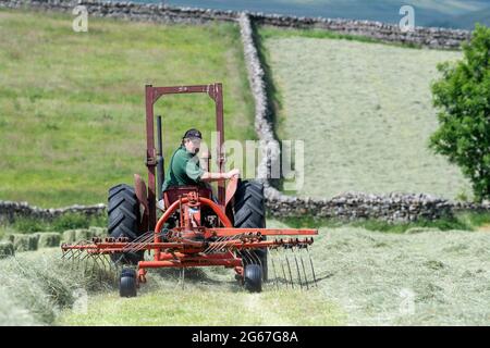 Landwirt auf einem Massey Ferguson 35 aus dem Jahr 1963, der zur Ballung bereitsteht, Hawes, North Yorkshire, Großbritannien. Stockfoto