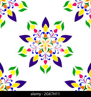 Indische traditionelle und kulturelle Rangoli Mandala Design Konzept der Blumenkunst isoliert auf weißem Hintergrund ist in Nahtloses Muster Stock Vektor