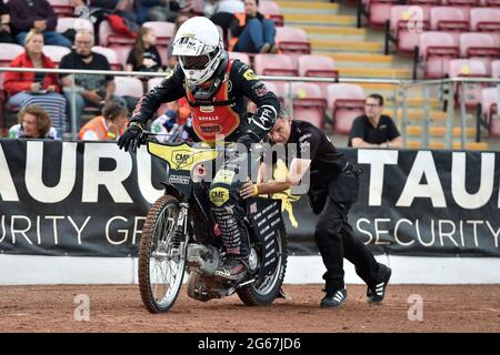 MANCHESTER, GROSSBRITANNIEN. 2. JULI Daniel Gilkes von Kent Royals während des Spiels der National Development League zwischen Belle Vue Aces und Kent Royals am Freitag, den 2. Juli 2021 im National Speedway Stadium in Manchester. (Kredit: Eddie Garvey | MI Nachrichten) Kredit: MI Nachrichten & Sport /Alamy Live Nachrichten Stockfoto