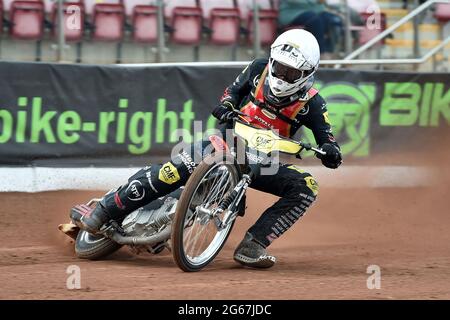 MANCHESTER, GROSSBRITANNIEN. 2. JULI Daniel Gilkes von Kent Royals während des Spiels der National Development League zwischen Belle Vue Aces und Kent Royals am Freitag, den 2. Juli 2021 im National Speedway Stadium in Manchester. (Kredit: Eddie Garvey | MI Nachrichten) Kredit: MI Nachrichten & Sport /Alamy Live Nachrichten Stockfoto