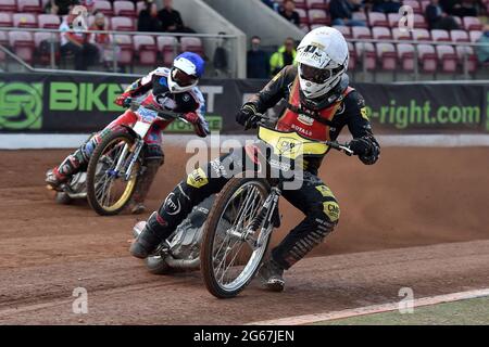 MANCHESTER, GROSSBRITANNIEN. 2. JULI Daniel Gilkes von Kent Royals während des Spiels der National Development League zwischen Belle Vue Aces und Kent Royals am Freitag, den 2. Juli 2021 im National Speedway Stadium in Manchester. (Kredit: Eddie Garvey | MI Nachrichten) Kredit: MI Nachrichten & Sport /Alamy Live Nachrichten Stockfoto