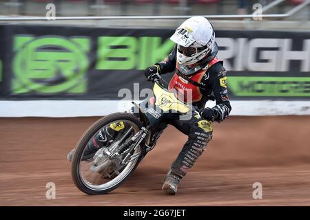 MANCHESTER, GROSSBRITANNIEN. 2. JULI Daniel Gilkes von Kent Royals während des Spiels der National Development League zwischen Belle Vue Aces und Kent Royals am Freitag, den 2. Juli 2021 im National Speedway Stadium in Manchester. (Kredit: Eddie Garvey | MI Nachrichten) Kredit: MI Nachrichten & Sport /Alamy Live Nachrichten Stockfoto